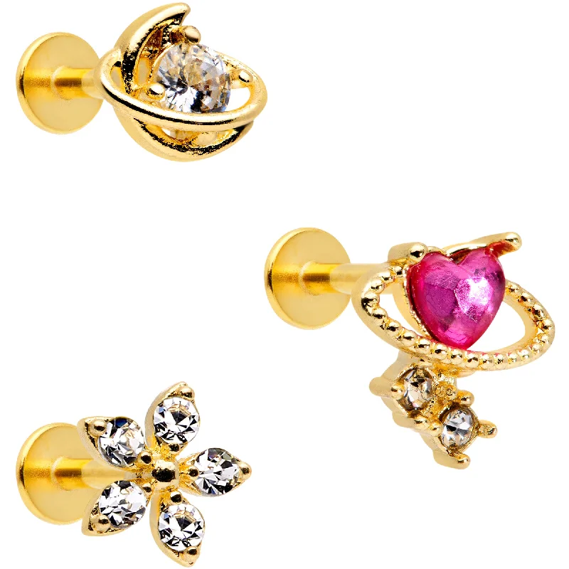 Trendy Lip Rings for Modern Style16 Gauge 5/16 Clear CZ Gem Gold Tone Moon Labret Tragus Set of 3 Trendy Lip Rings for Modern Style16 Gauge 5/16 Clear CZ Gem Gold Tone Moon Labret Tragus Set of 3
