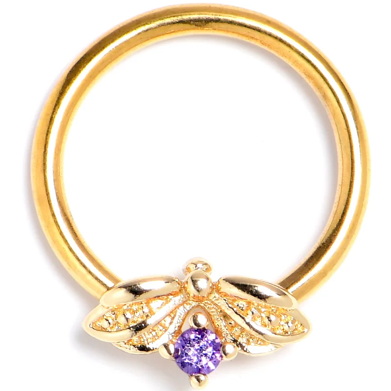 Women's Earrings – Elegant Designs for Every Personality--16 Gauge 3/8 Purple Gem Gold Tone Beauty Bug Insect BCR Captive Ring