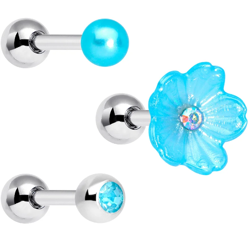 Women's Earrings – Elegant Designs for Every Personality--16 Gauge 1/4 Aqua Aurora Gem Flower Cartilage Tragus Earring Set of 3
