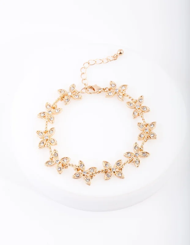 Stylish Beaded Bangles for Women-Gold Diamante Flower Bracelet