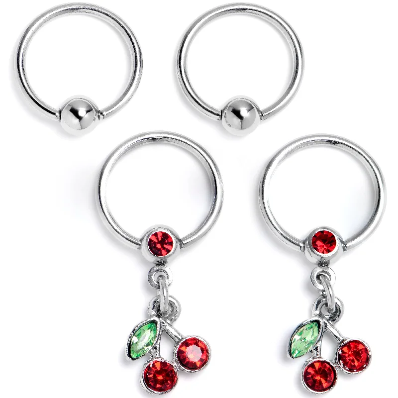 Bold and Beautiful Lip Rings for Trendsetters16 Gauge 3/8 Red Green Gem Cherry Dangle BCR Captive Ring Set of 4