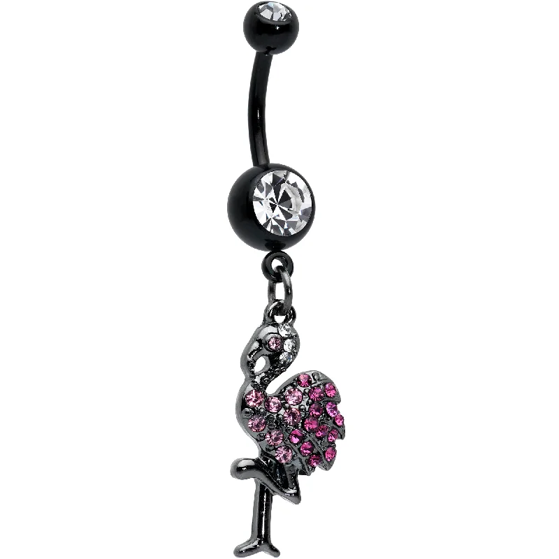 Elegant Belly Rings for Classy Style -Clear Pink Gem Black Fashionable Flamingo Dangle Belly Ring Elegant Belly Rings for Classy Style -Clear Pink Gem Black Fashionable Flamingo Dangle Belly Ring