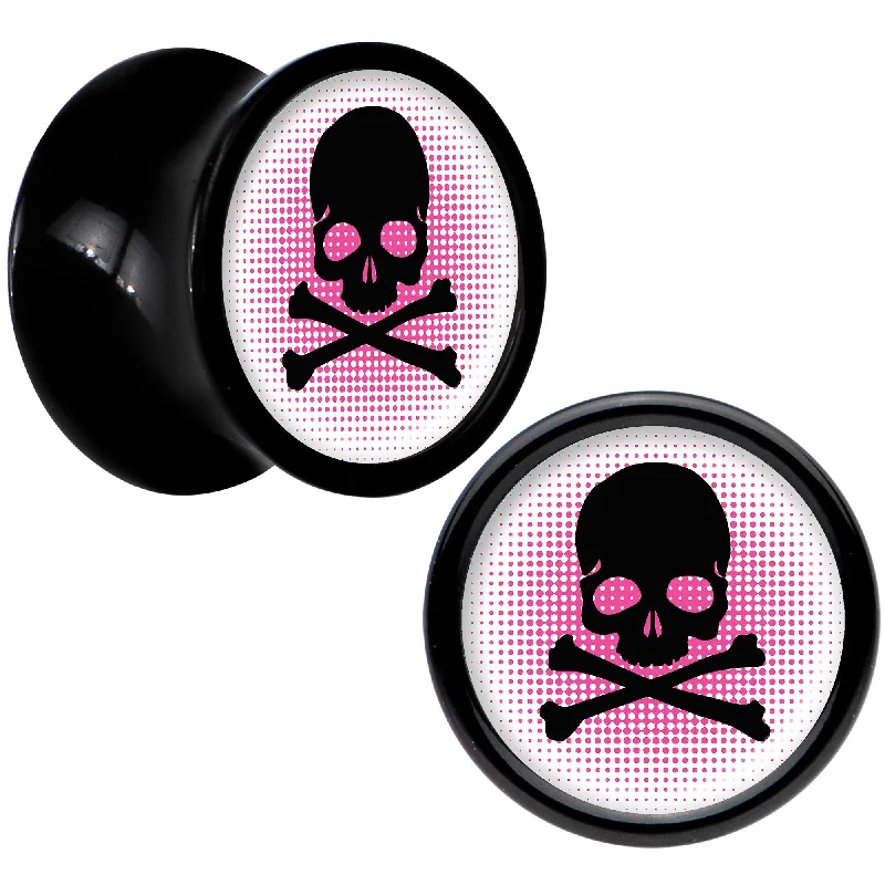 Women's Earrings – Elegant Designs for Every Personality--Black Acrylic Pink Black Skull Saddle Plug Set 0 Gauge