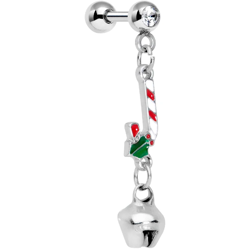 Women's Earrings – Elegant Designs for Every Personality--16 Gauge 1/4 Clear Gem Candy Cane Christmas Dangle Cartilage Earring