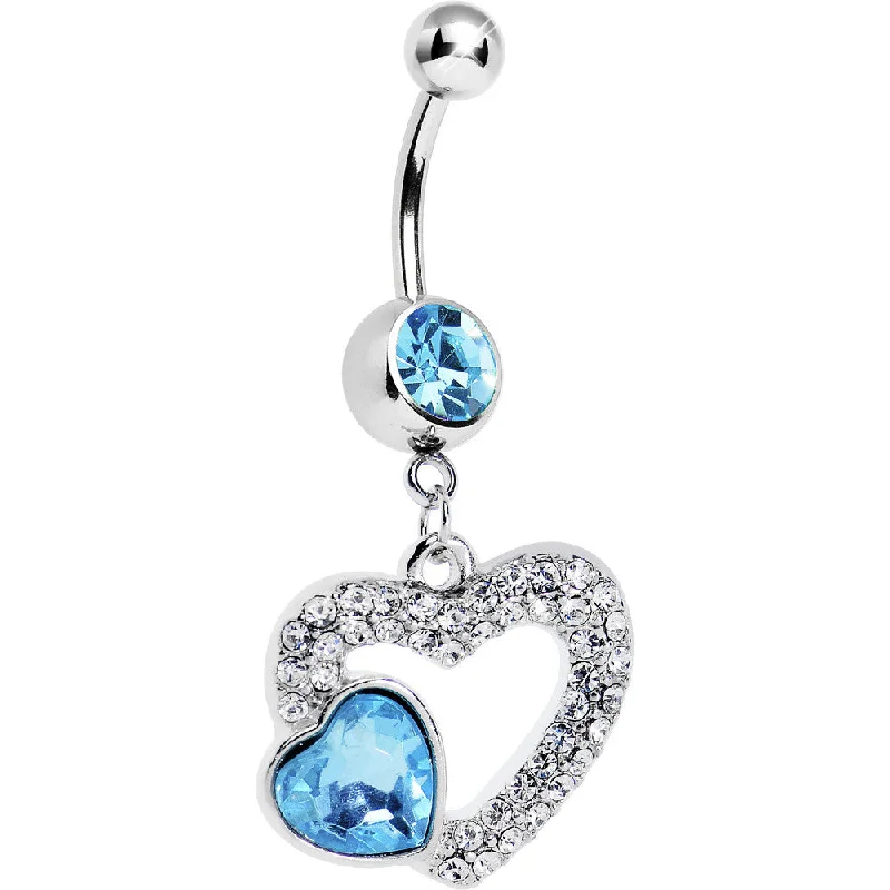 Beautiful Belly Rings for Elegant Appeal -Aqua Gem Hollow Heart Dangle Belly Ring