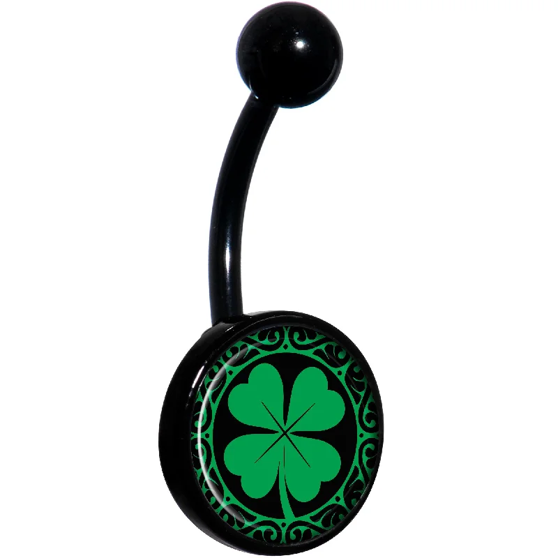 Unique Belly Rings for Statement Fashion -Green St Patricks Day Shamrock Black Belly Ring Unique Belly Rings for Statement Fashion -Green St Patricks Day Shamrock Black Belly Ring
