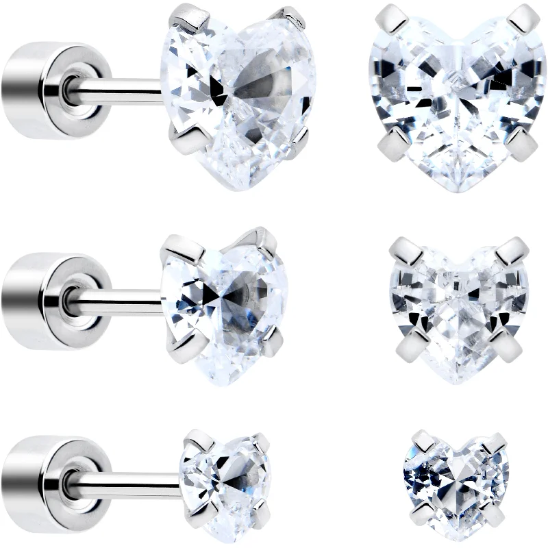 Women's Earrings – Elegant Designs for Every Personality--Clear Heart CZ Flat Back Stud Earrings - 3 Pairs