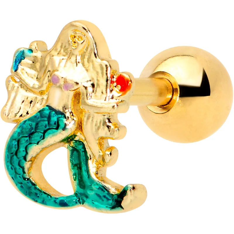 Women's Earrings – Elegant Designs for Every Personality--16 Gauge 1/4 Gold Tone Green Mermaid Cartilage Tragus Earring Women's Earrings – Elegant Designs for Every Personality--16 Gauge 1/4 Gold Tone Green Mermaid Cartilage Tragus Earring