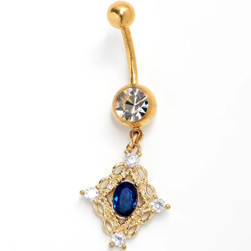 Belly Rings with Shiny Stones for Extra Glam -Clear Blue Gem Gold Tone Rich Rhombus Dangle Belly Ring Belly Rings with Shiny Stones for Extra Glam -Clear Blue Gem Gold Tone Rich Rhombus Dangle Belly Ring