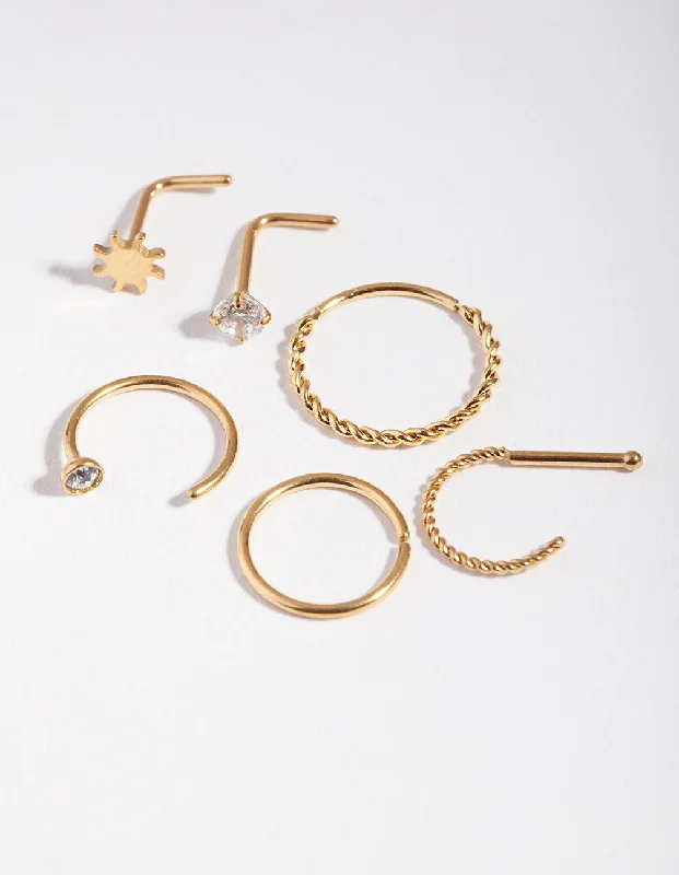 Nose Rings with Ruby Stones -Surgical Steel Gold Sun Twist Diamante Nose Ring 6-Pack Nose Rings with Ruby Stones -Surgical Steel Gold Sun Twist Diamante Nose Ring 6-Pack