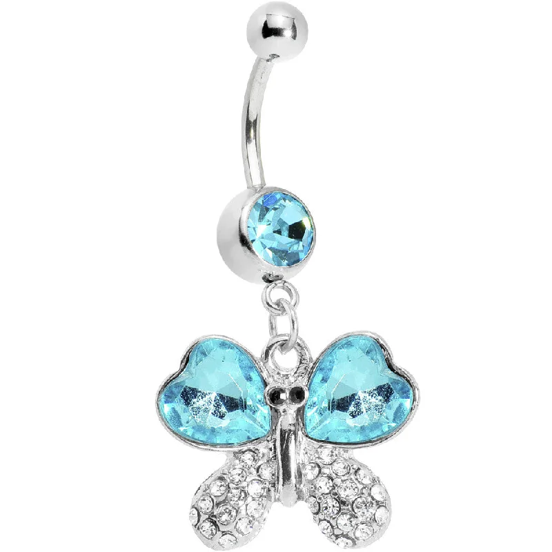 Trendy Belly Rings with Bold Statements -Aqua Gem Heart Winged Butterfly Belly Ring