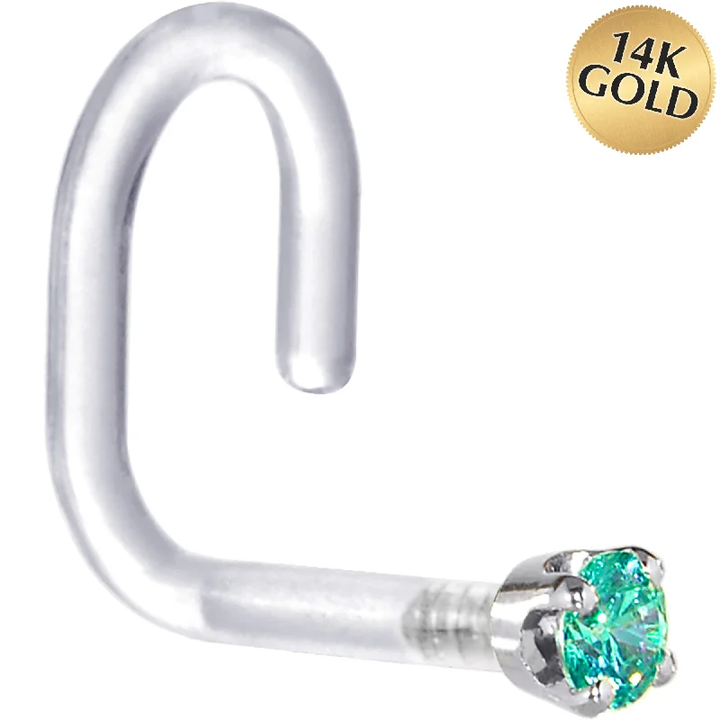 Comfortable and Elegant Nose Rings -18 Gauge 1/4 White Gold 1.5mm Mint Green Cubic Zirconia Bioplast Nose Ring Comfortable and Elegant Nose Rings -18 Gauge 1/4 White Gold 1.5mm Mint Green Cubic Zirconia Bioplast Nose Ring