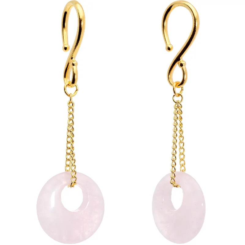 Women's Earrings – Elegant Designs for Every Personality--Handcrafted Gold Tone Pink Rose Flower Quartz Donut Chain Ear Weights