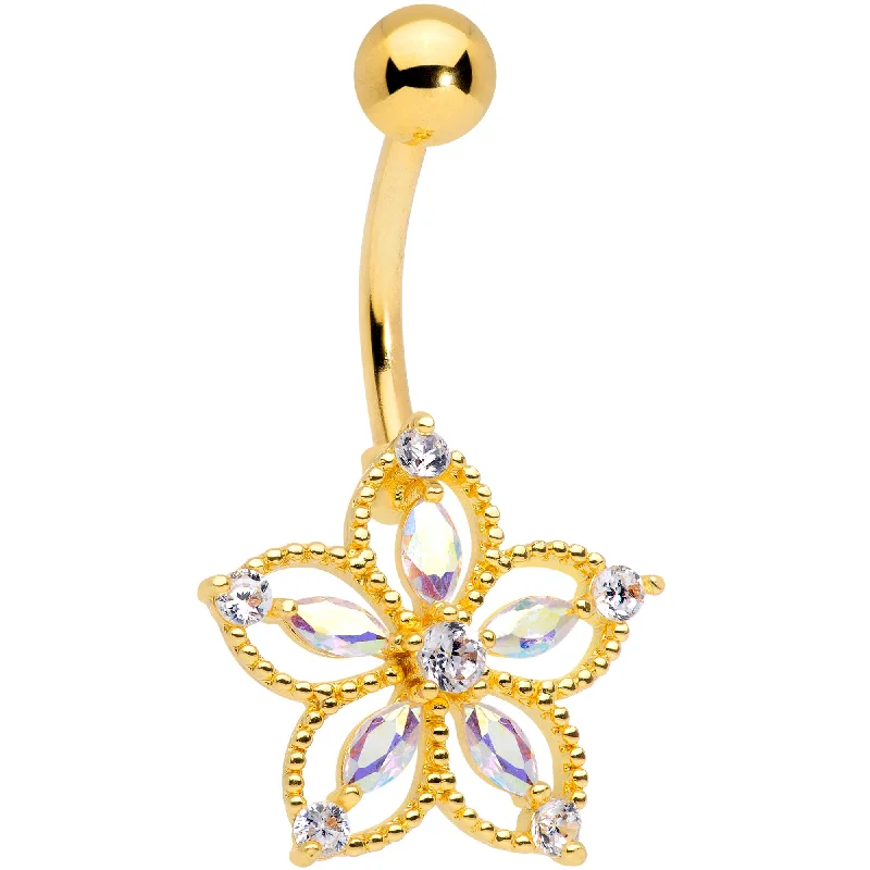 Comfortable Belly Rings for All-Day Comfort -Aurora CZ Gem Gold Tone Airy Flower Belly Ring Comfortable Belly Rings for All-Day Comfort -Aurora CZ Gem Gold Tone Airy Flower Belly Ring