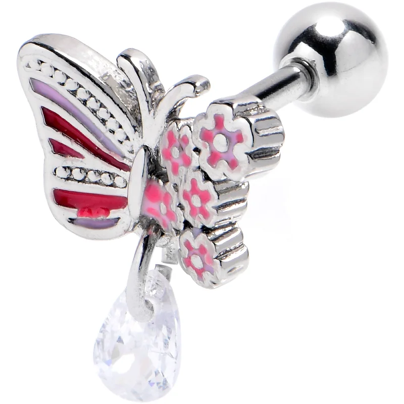 Women's Earrings – Elegant Designs for Every Personality--16 Gauge 1/4 Clear Gem Flowery Butterfly Pink Dangle Cartilage Earring