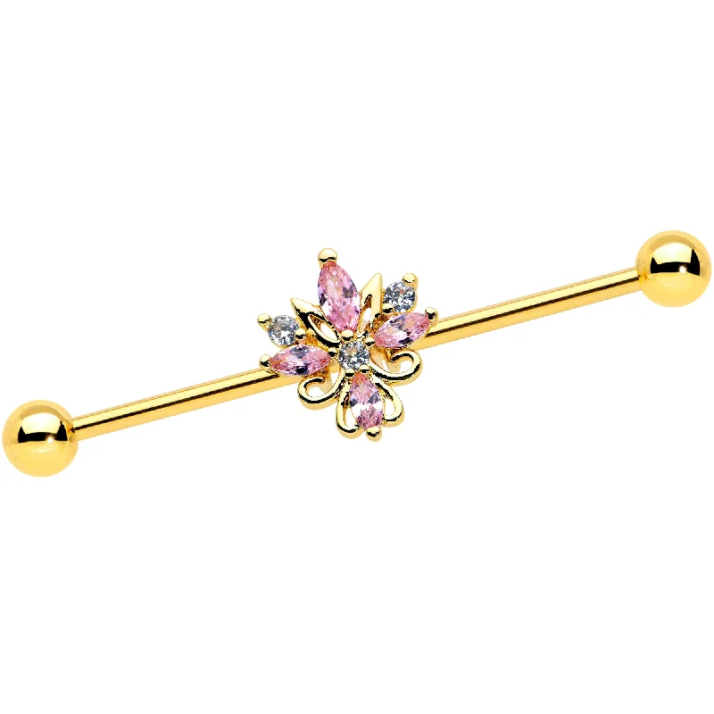 Women's Earrings – Elegant Designs for Every Personality--14 Gauge Clear Pink CZ Gem Gold Tone Pretty Industrial Barbell 38mm