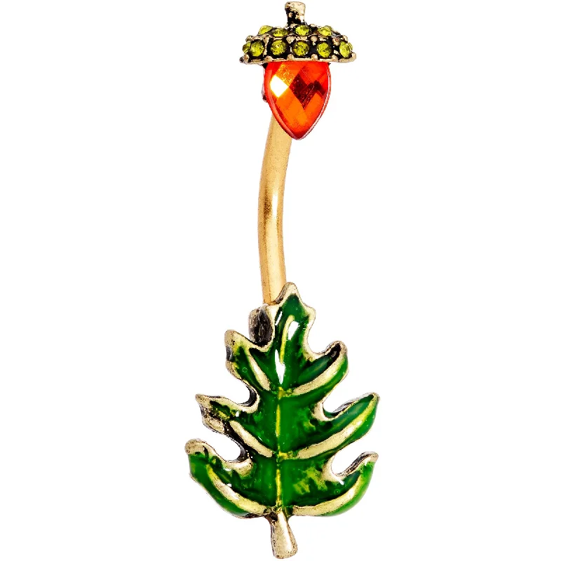 Belly Rings with Bold and Bright Stones -Red Green Gem Autumn Green Oak Leaf Acorn Double Mount Belly Ring Belly Rings with Bold and Bright Stones -Red Green Gem Autumn Green Oak Leaf Acorn Double Mount Belly Ring