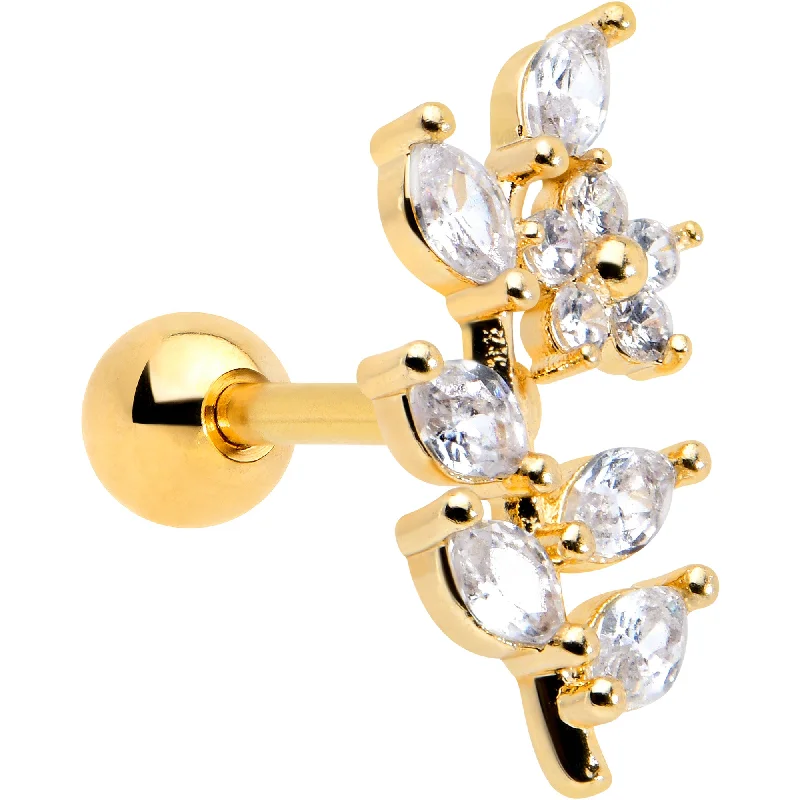 Women's Earrings – Elegant Designs for Every Personality--16 Gauge 1/4 Clear CZ Gem Gold Hue Flower Vine Cartilage Tragus Earring