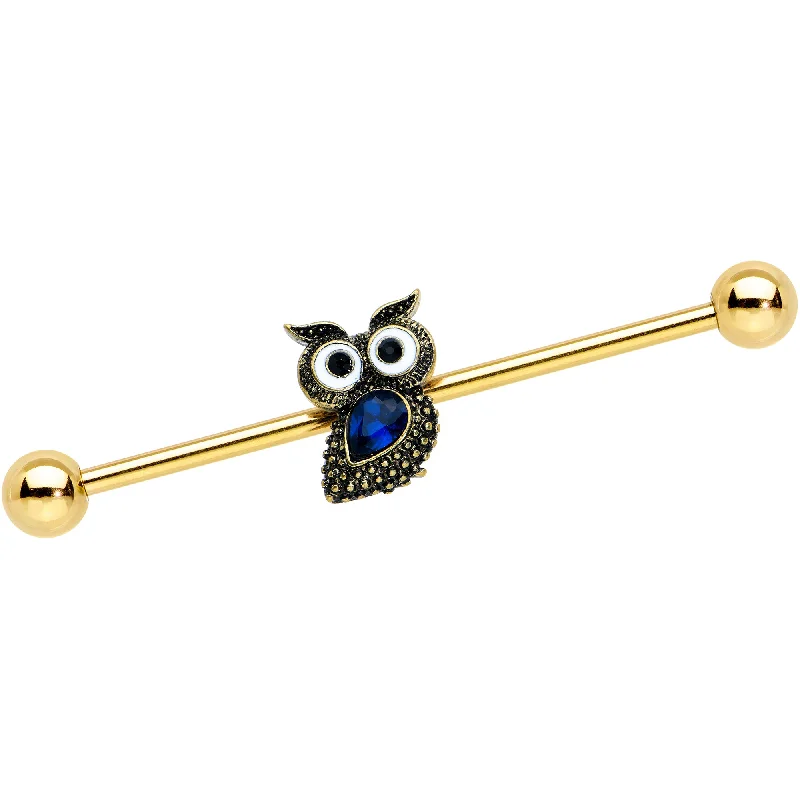 Women's Earrings – Elegant Designs for Every Personality--14 Gauge Blue Gem Gold Tone Wide Eyed Owl Industrial Barbell 38mm Women's Earrings – Elegant Designs for Every Personality--14 Gauge Blue Gem Gold Tone Wide Eyed Owl Industrial Barbell 38mm