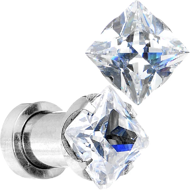Women's Earrings – Elegant Designs for Every Personality--4 Gauge Stainless Steel Clear Square CZ Screw Fit Tunnel