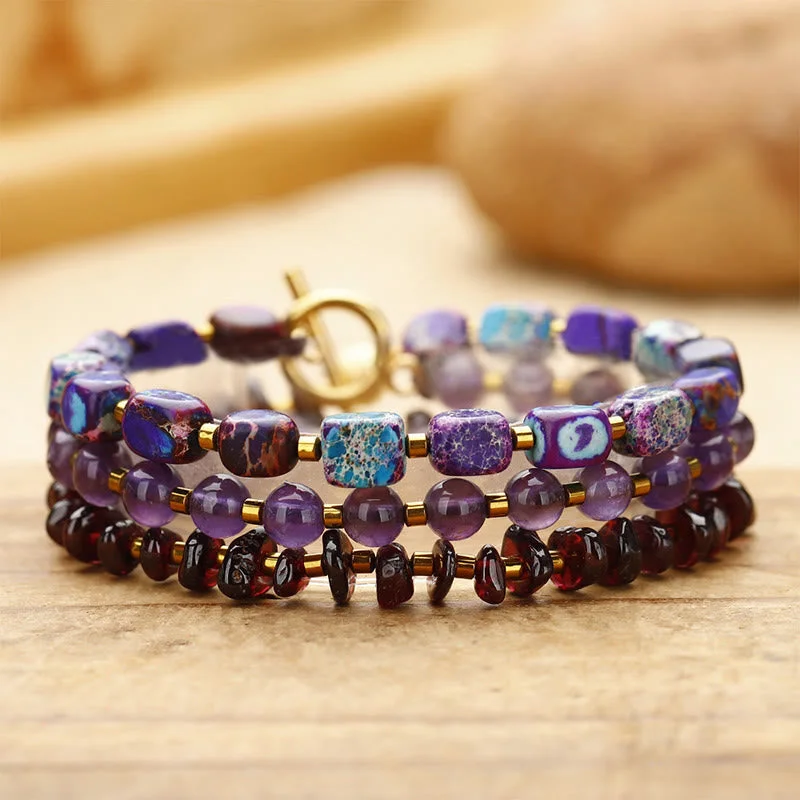 Slim Bracelets for Men with Engraving-Buddha Stones Amethyst Garnet Emperor Stone Communication Triple Wrap Bracelet Slim Bracelets for Men with Engraving-Buddha Stones Amethyst Garnet Emperor Stone Communication Triple Wrap Bracelet