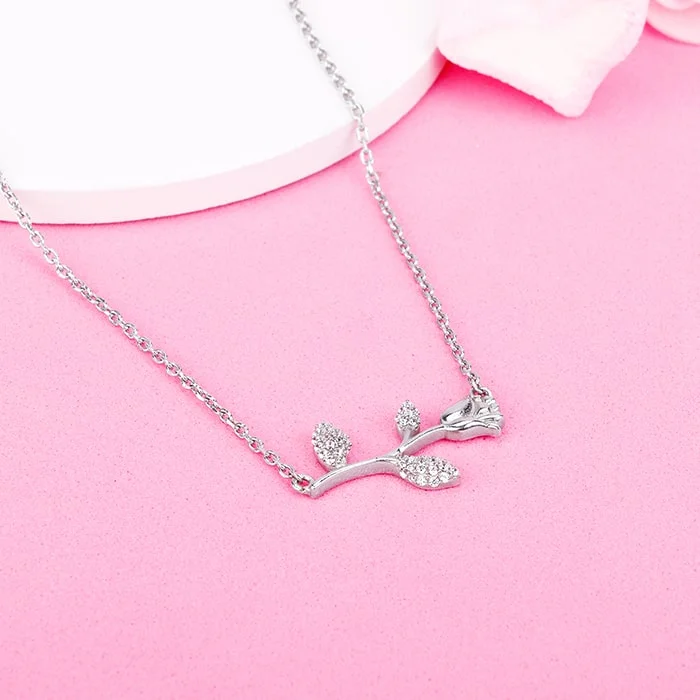 Shop Classic Women's Necklaces & Pendants with a Modern Twist-Silver Zircon Studded Rose Necklace Shop Classic Women's Necklaces & Pendants with a Modern Twist-Silver Zircon Studded Rose Necklace