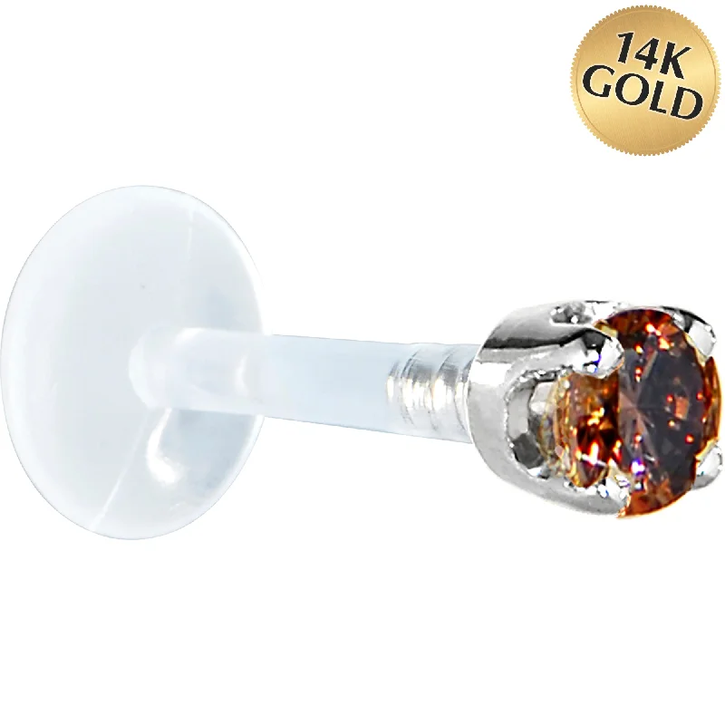 Women's Earrings – Elegant Designs for Every Personality--16 Gauge 5/16 Solid 14KT White Gold 3mm Brown Cubic Zirconia Bioplast Tragus Earring Stud