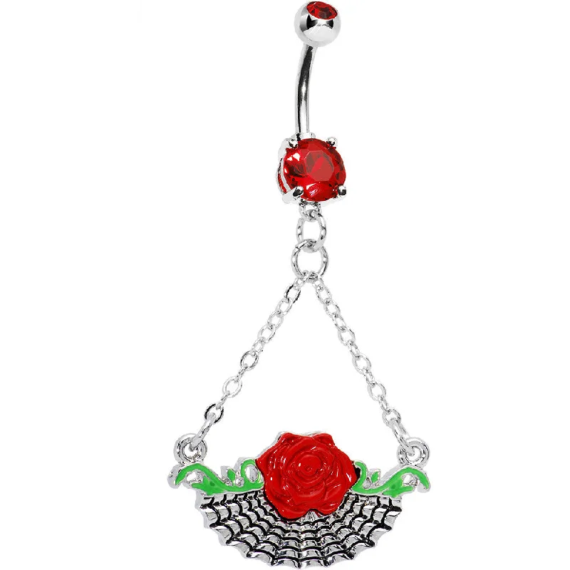 Sparkling Belly Rings with Gemstone Detailing -Red Rose Flower Spider Web Dangle Belly Ring Sparkling Belly Rings with Gemstone Detailing -Red Rose Flower Spider Web Dangle Belly Ring
