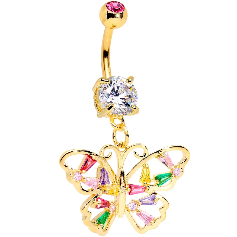 Unique Belly Rings for Statement Fashion -Green Pink Red CZ Gem Gold Tone Spring Butterfly Dangle Belly Ring Unique Belly Rings for Statement Fashion -Green Pink Red CZ Gem Gold Tone Spring Butterfly Dangle Belly Ring