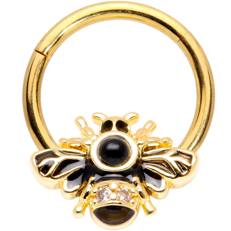 Simple Nose Rings with Subtle Glam -16 Gauge 3/8 Clear Gem Gold Tone Insect Bee Hinged Segment Ring Simple Nose Rings with Subtle Glam -16 Gauge 3/8 Clear Gem Gold Tone Insect Bee Hinged Segment Ring