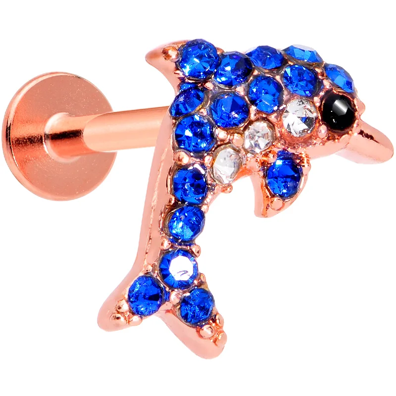 Beautiful Lip Rings for Fashion-Lovers16 Gauge 5/16 Blue Gem Rose Gold Tone Dolphin Labret Monroe Tragus