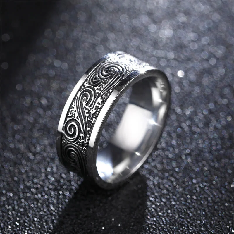 Chic Women's Rings for Fashion-Forward Looks-Buddha Stones Vintage Wave Auspicious Clouds Engraved Pattern Titanium Steel Balance Ring Chic Women's Rings for Fashion-Forward Looks-Buddha Stones Vintage Wave Auspicious Clouds Engraved Pattern Titanium Steel Balance Ring