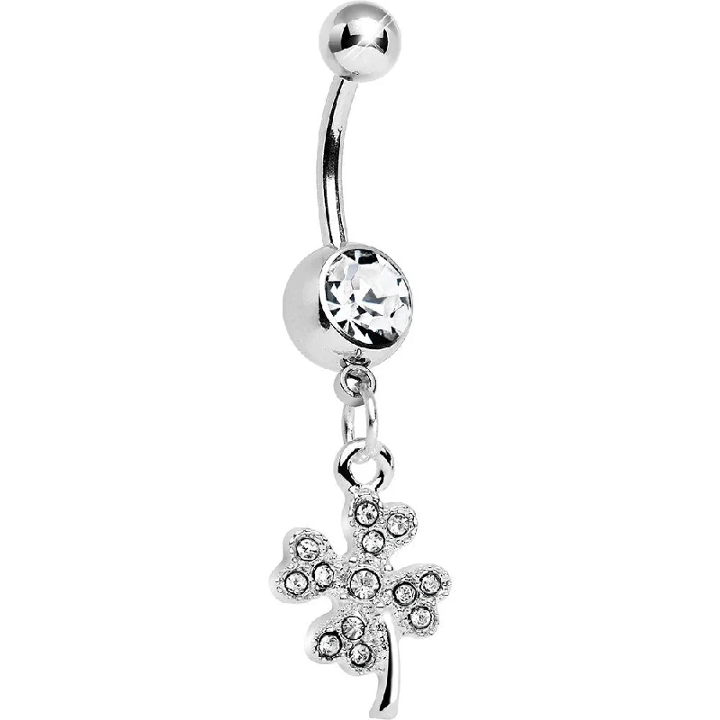 Comfortable Belly Rings with Elegant Detailing -Crystalline Gem Delicate Four Leaf Clover Dangle Belly Ring Comfortable Belly Rings with Elegant Detailing -Crystalline Gem Delicate Four Leaf Clover Dangle Belly Ring