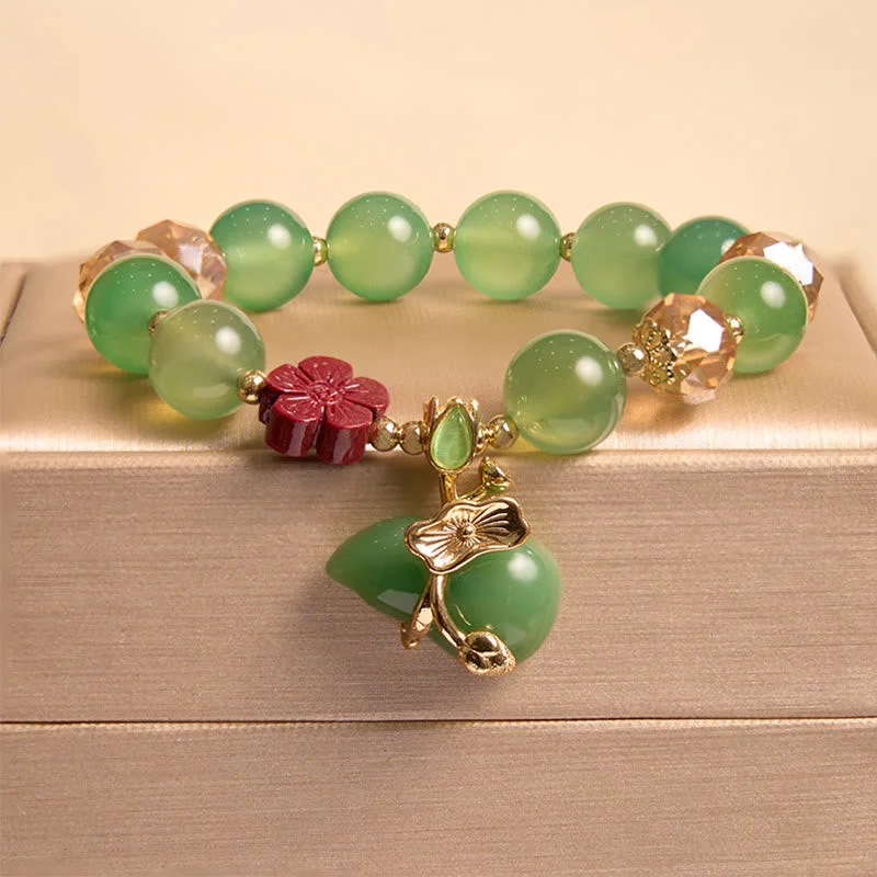 Handcrafted Wooden Bangles for Women-Buddha Stones Natural Red Agate Green Agate Gourd Cinnabar Flower Beads Confidence Bracelet