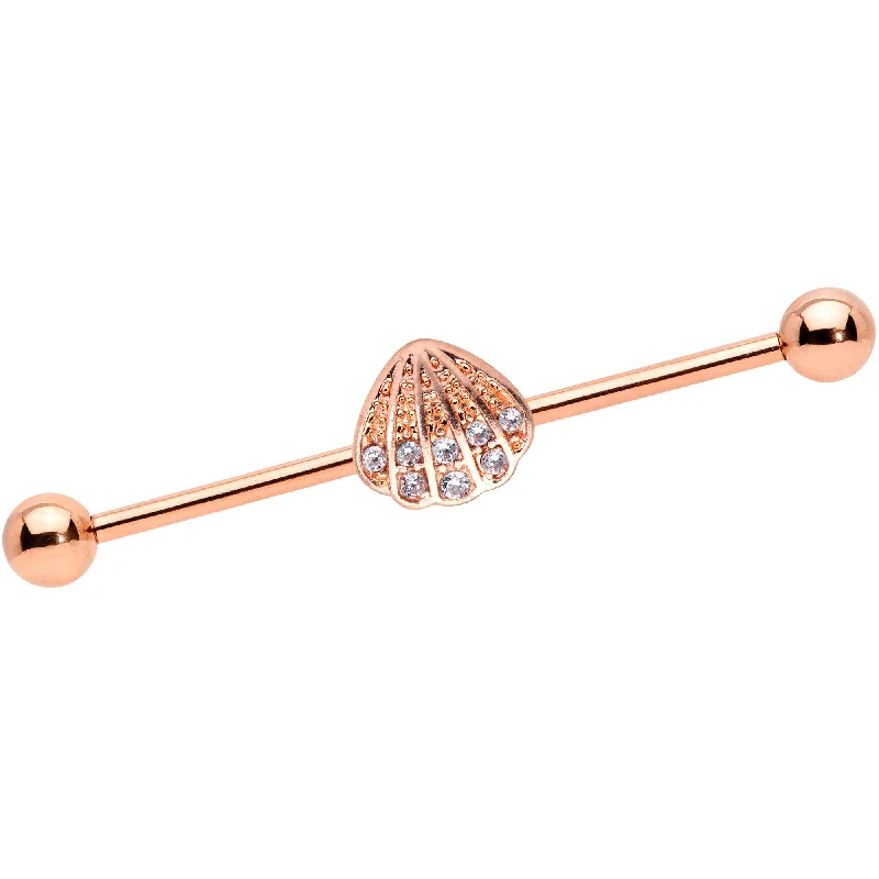 Women's Earrings – Elegant Designs for Every Personality--14 Gauge Clear Gem Rose Gold Tone Shell Industrial Barbell 38mm