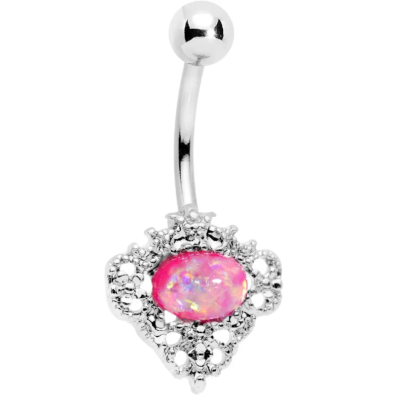 Designer Belly Rings for Elegant Style -Pink Faux Opal Regally Flowered Frame Belly Ring Designer Belly Rings for Elegant Style -Pink Faux Opal Regally Flowered Frame Belly Ring