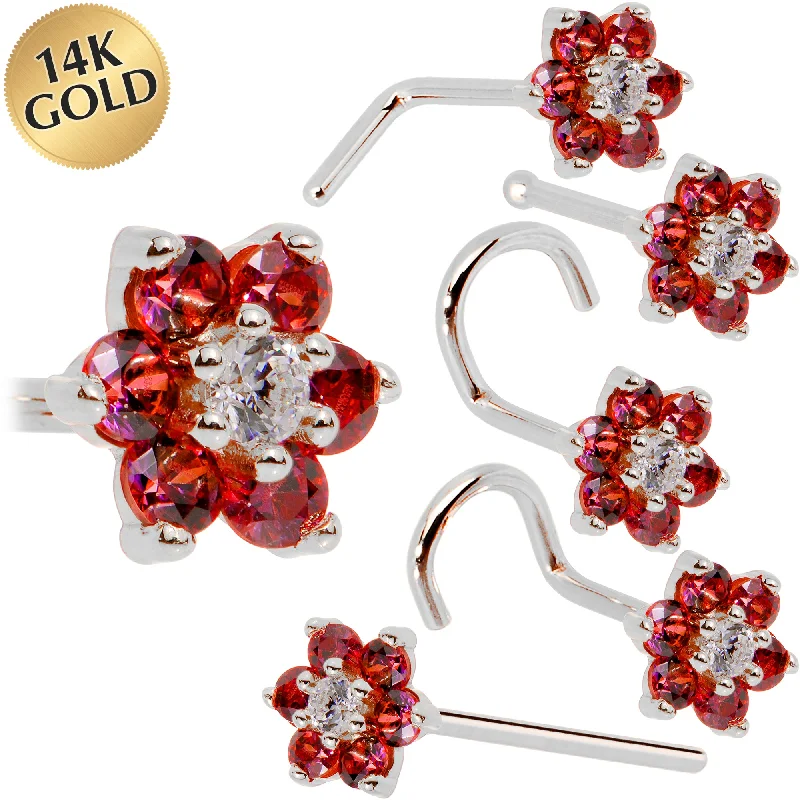 Nose Rings for Bold Fashion -Solid 14KT White Gold Red and Clear Cubic Zirconia Flower Nose Ring Nose Rings for Bold Fashion -Solid 14KT White Gold Red and Clear Cubic Zirconia Flower Nose Ring
