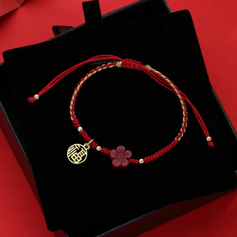Elegant Men's Bracelets with Unique Charms-Buddha Stones Cinnabar Flower Fu Character Blessing Braided String Bracelet Elegant Men's Bracelets with Unique Charms-Buddha Stones Cinnabar Flower Fu Character Blessing Braided String Bracelet