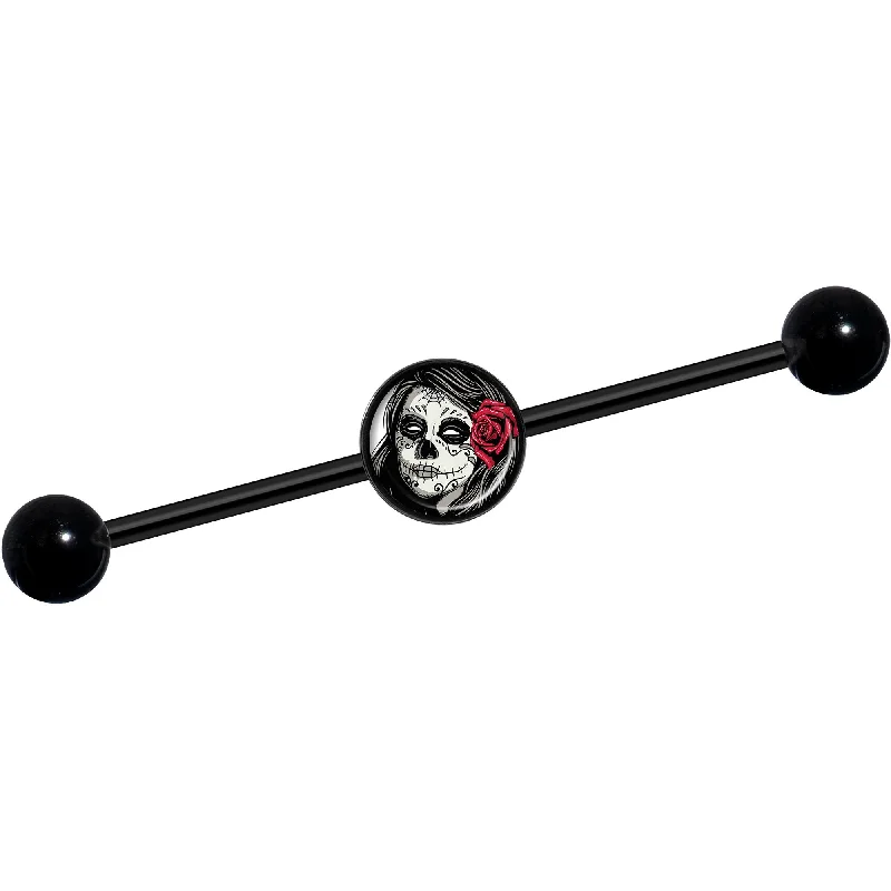 Women's Earrings – Elegant Designs for Every Personality--14 Gauge Katrina Sugar Skull with Rose Flower Black Industrial Barbell 37mm Women's Earrings – Elegant Designs for Every Personality--14 Gauge Katrina Sugar Skull with Rose Flower Black Industrial Barbell 37mm