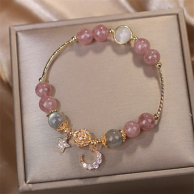 Colorful Gemstone Bangles for Women-Buddha Stones Strawberry Quartz Moonstone Moon Star Love Bracelet