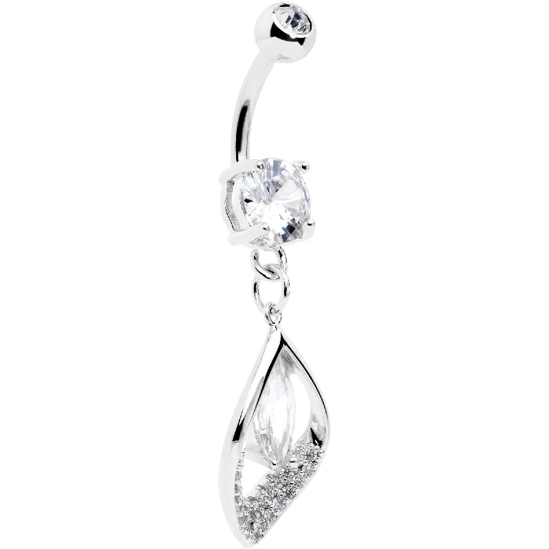 Designer Belly Rings with Sparkling Stones -Clear CZ Gem Lush Leaf Dangle Belly Ring Designer Belly Rings with Sparkling Stones -Clear CZ Gem Lush Leaf Dangle Belly Ring