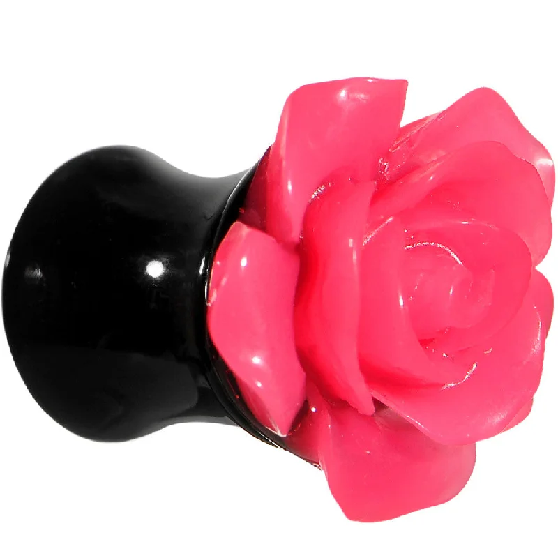 Women's Earrings – Elegant Designs for Every Personality--2 Gauge Acrylic Black Neon Pink Rose Flower Saddle Plug