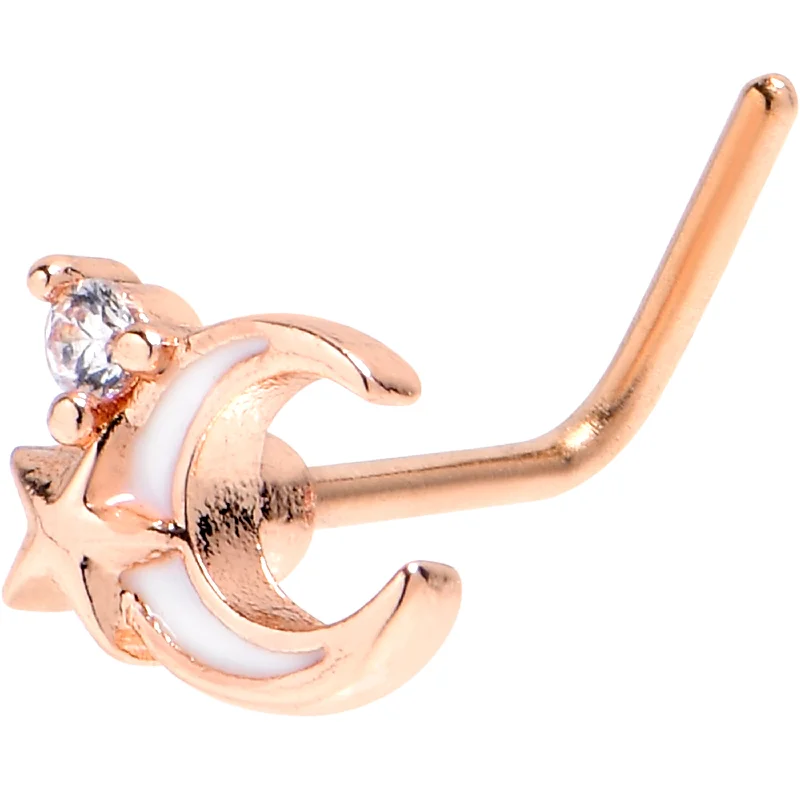 Nose Rings with Casual Vibes -20 Gauge 7mm Clear CZ Gem Rose Gold Tone Moon Star L Shape Nose Ring Nose Rings with Casual Vibes -20 Gauge 7mm Clear CZ Gem Rose Gold Tone Moon Star L Shape Nose Ring