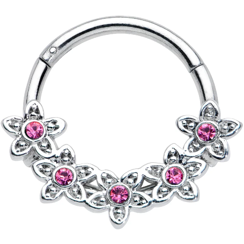 Rhinestone Nose Rings -16 Gauge 3/8 Pink Gem Foxy Floral Hinged Segment Ring