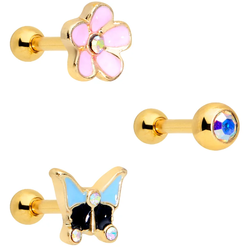Women's Earrings – Elegant Designs for Every Personality--16 Gauge 1/4 Aurora Gem Gold Tone Flower Cartilage Tragus Set of 3 Women's Earrings – Elegant Designs for Every Personality--16 Gauge 1/4 Aurora Gem Gold Tone Flower Cartilage Tragus Set of 3