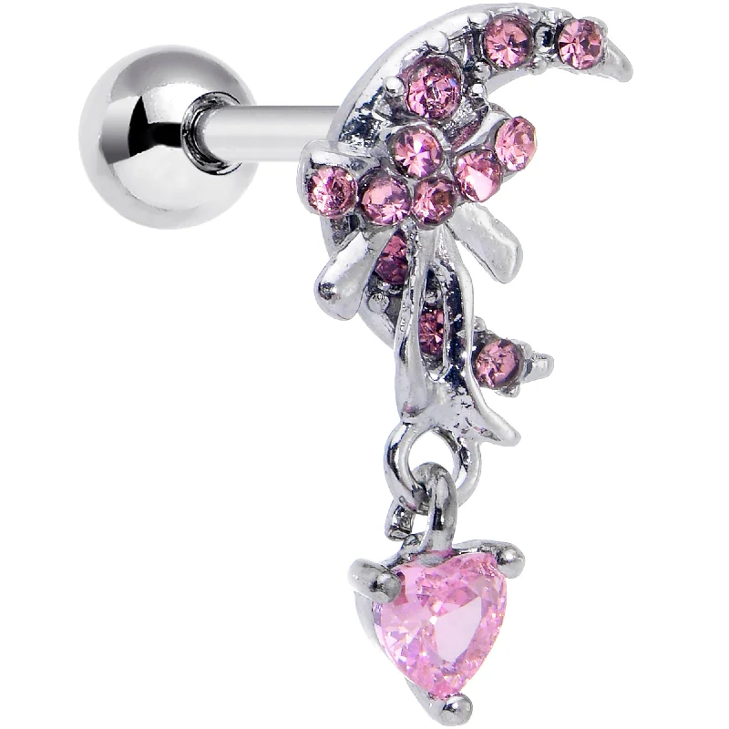 Women's Earrings – Elegant Designs for Every Personality--16 Gauge 1/4 Pink CZ Gem Moon Bow Heart Dangle Cartilage Tragus Earring Women's Earrings – Elegant Designs for Every Personality--16 Gauge 1/4 Pink CZ Gem Moon Bow Heart Dangle Cartilage Tragus Earring