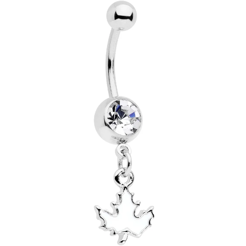 Unique Belly Rings for Bold Style -Clear Gem Autumn White Maple Leaf Dangle Belly Ring Unique Belly Rings for Bold Style -Clear Gem Autumn White Maple Leaf Dangle Belly Ring