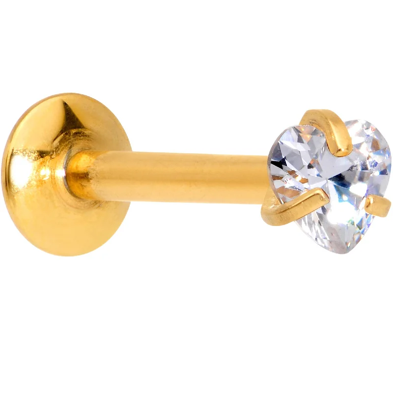 Women's Earrings – Elegant Designs for Every Personality--5/16 Clear Heart CZ Gold PVD Internally Threaded Labret Monroe