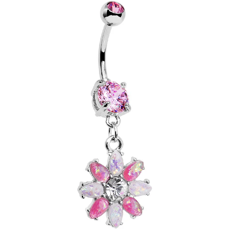 Beautiful Belly Rings for Everyday Glam -Pink and White Faux Opal Flower Power Dangle Belly Ring Beautiful Belly Rings for Everyday Glam -Pink and White Faux Opal Flower Power Dangle Belly Ring