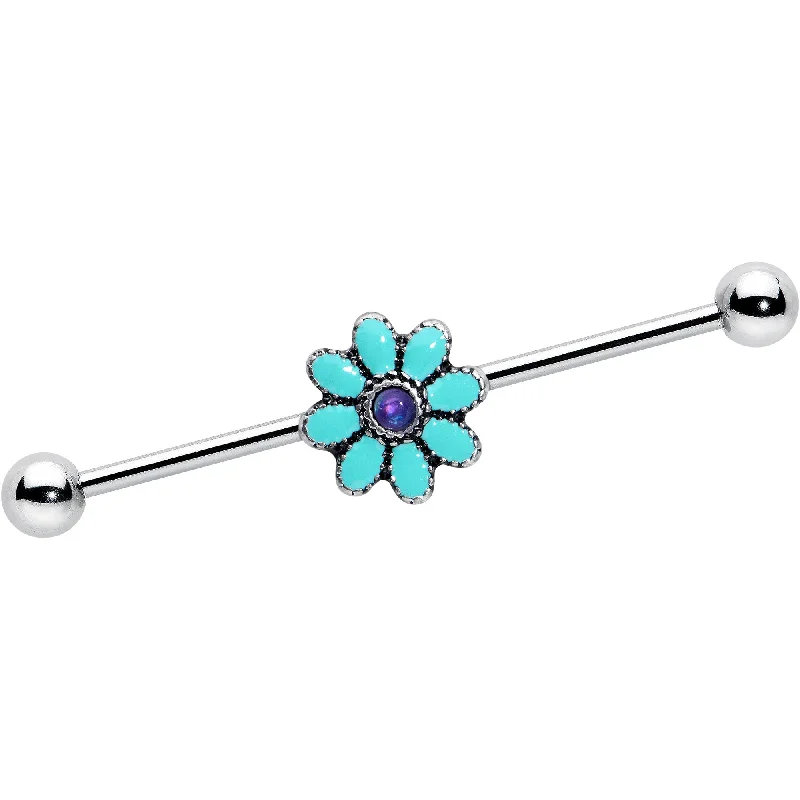 Women's Earrings – Elegant Designs for Every Personality--14 Gauge Blue Faux Opal Flower Teal Petals Industrial Barbell 38mm